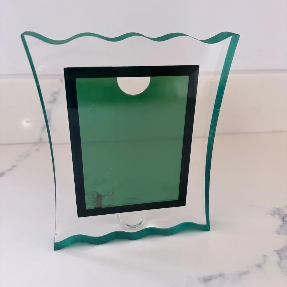 VTG Wavy Scalloped Glass Picture Frame Clear Green Edge Post Modern 3x4 Photo